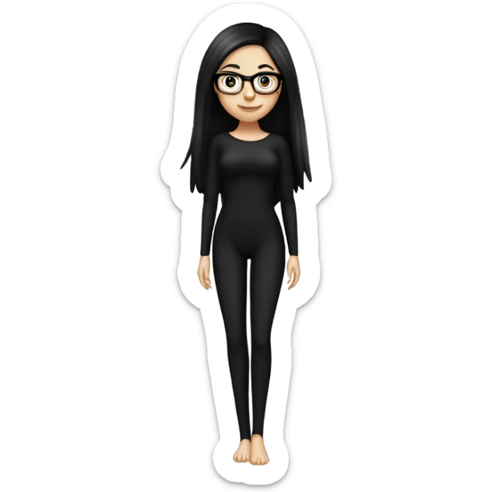 White girl with long straight black hair wearing a black bodysuit and glasses full body sticker