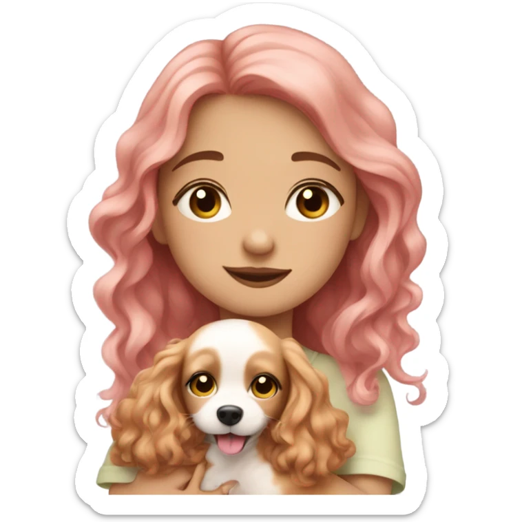 Please create a girl who hugs her pet doggie. The girl has a cute face and so does the doggie. The girl has light skin, blue eyes and pink wavy long hair. sticker