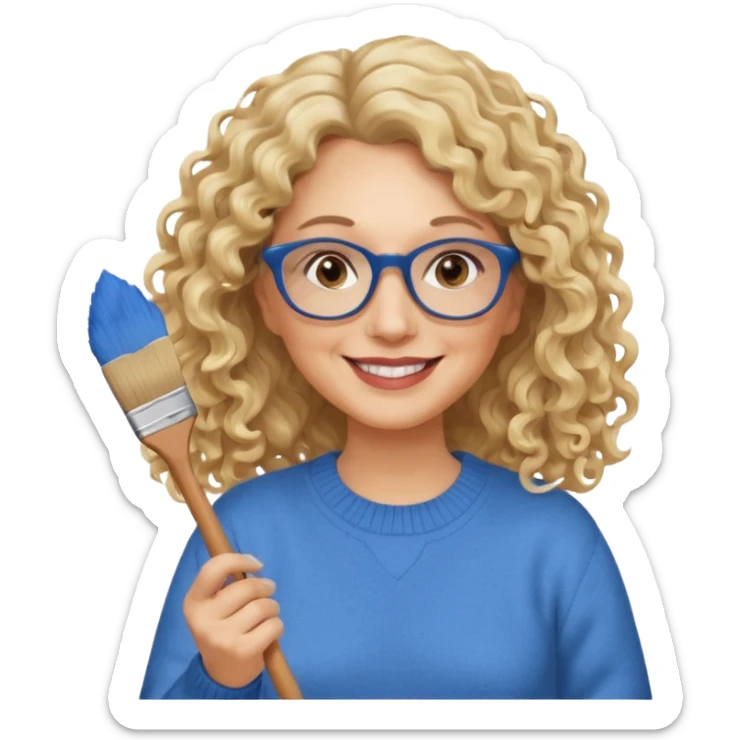 FEMME FRISÉ 60 ANS CHEVEUX BLON FRISÉ LONG SOURIANTE AVEC CHANDAIL BLEU,  YEUX BRUN ET UN PINCEAU À LA MAIN LA MAIN AVEC 5 DOIGT SEULEMENT ET LUNETTE sticker