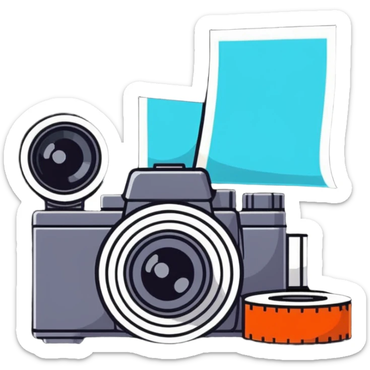 Film photography setup with camera, film rolls, and developed photos sticker