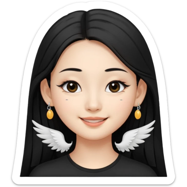 A Asian girl with fare skin and earrings, long straight black hair that is covering her checks with black eyes, smiling with a open wings eyeliner, mole near her nose of the right side sticker