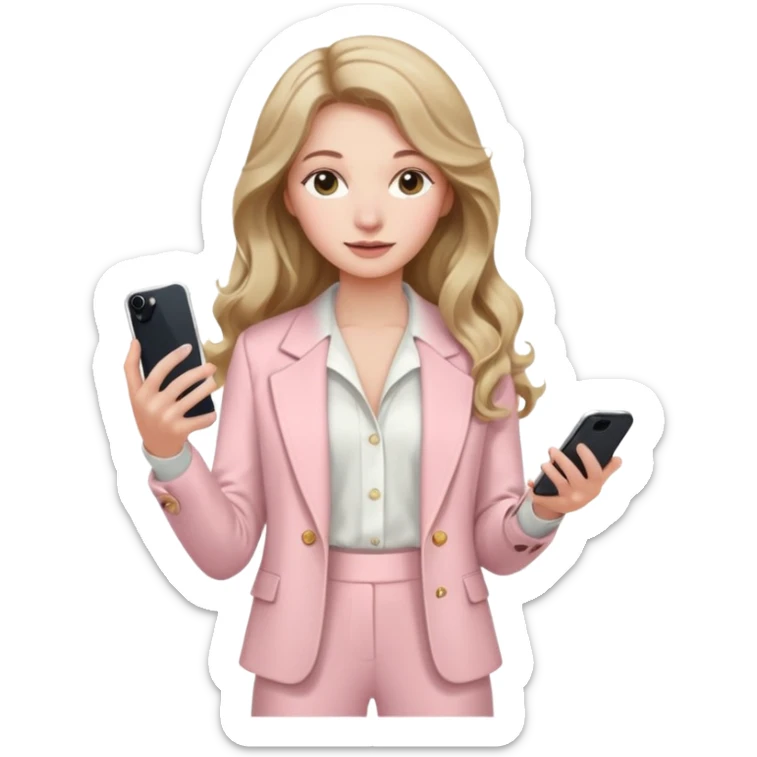 pale skin woman with dark blonde wavy long Hair, light pink Spacious classical jacket, light pink palazzo Arrow pants and white blouse holding white IPhone 15 pro in the hands sticker