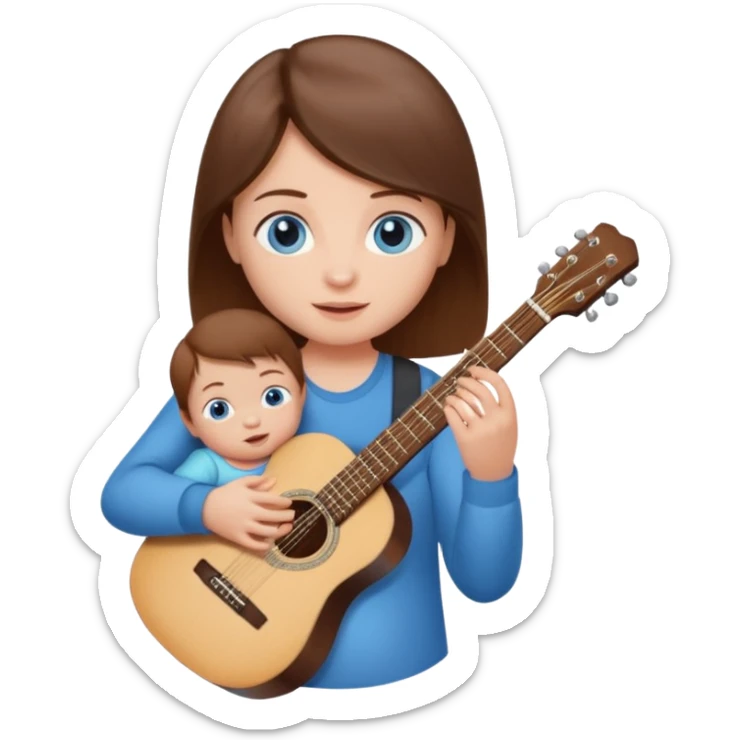 baby with brown hair and blue eyes, holding a guitar and a bottle sticker