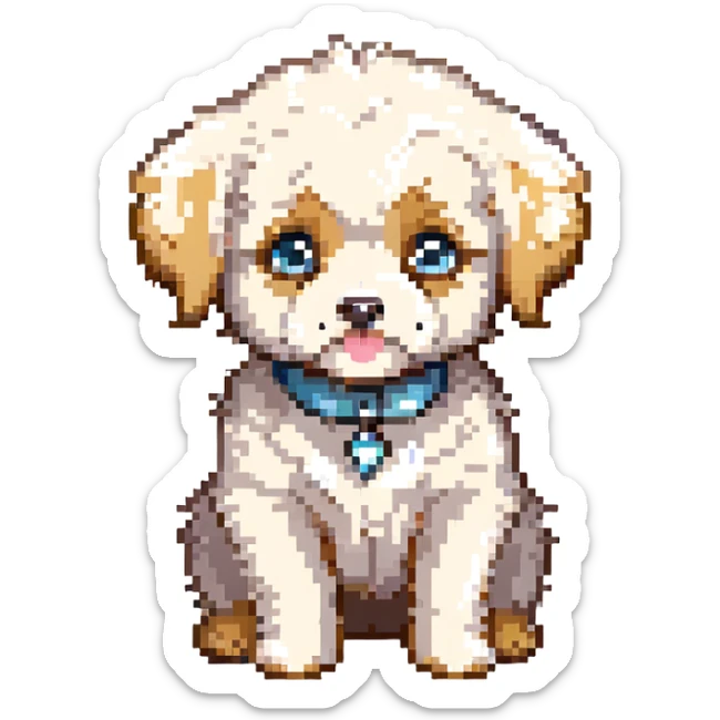 chibi cream Maltipoo puppy, pixel art emoji, big sparkling eyes, fluffy fur, sitting, pastel colors, simplified for emoji, 64x64 sticker