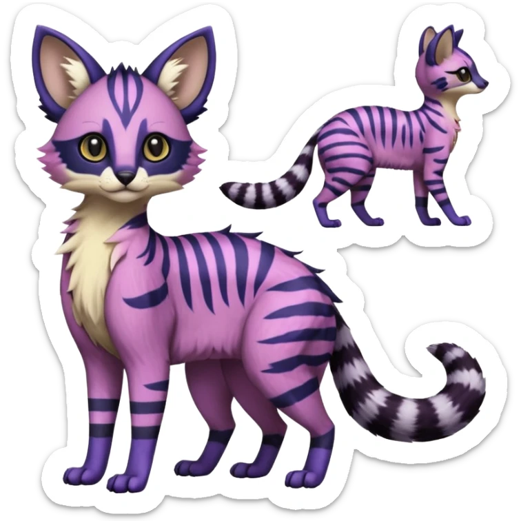 Indigo, purple, violet, pink, Civet-Genet-Possum-Serval-Caracal-Sergal-Trico-Numbat-Furret-fusion-Fakemon-hybrid-creature (full body) with long tufted ears and a striped tufted tail  sticker