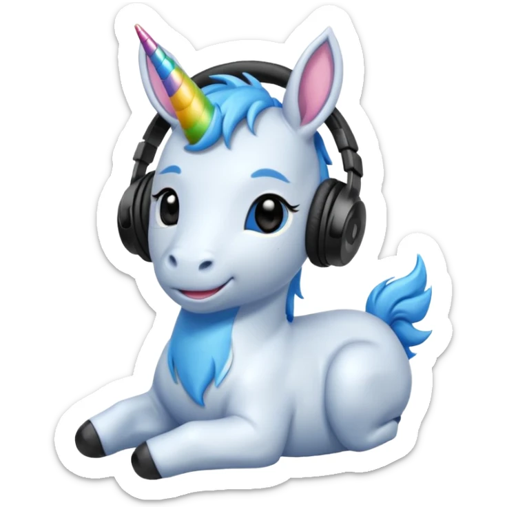 Unicornio bebé azul sentado escuchando música con auriculares negros sticker