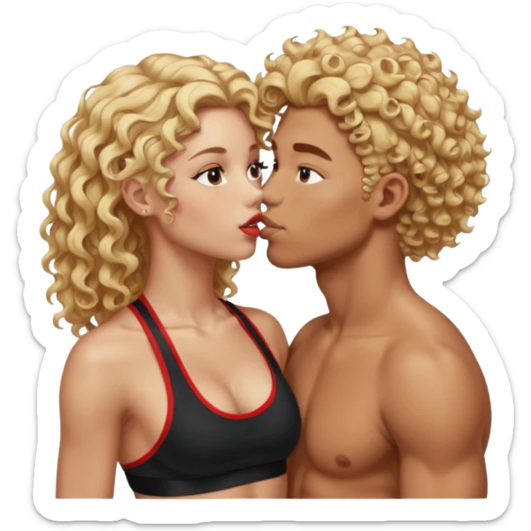 athletic man, high top fade, blonde curly hair only top only, no shirt and Athletic girl with long wavy red hair and black sports bra, Put them together kissing, or holding hands sticker
