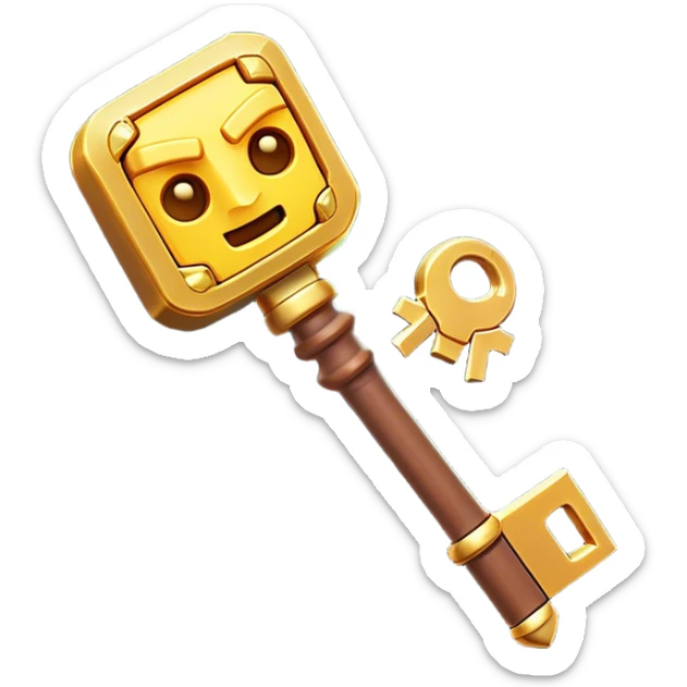 Clash of Clans aesthetic: Cinematic Playful Pixel 3D Key Emoji, rendered in a 3D vector-style similar to standard emojis with minimal shading and bold, simplified shapes. A compact, distinct form with signature details, softly glowing with a pixelated adventure charm. Simplified yet unmistakably iconic, highly detailed and consistent, glowing with a soft radiance and high shine. Stylized with a touch of classic pixel-art charm and a soft glowing outline, capturing the essence of a beloved gaming relic with a friendly, playful manner! sticker