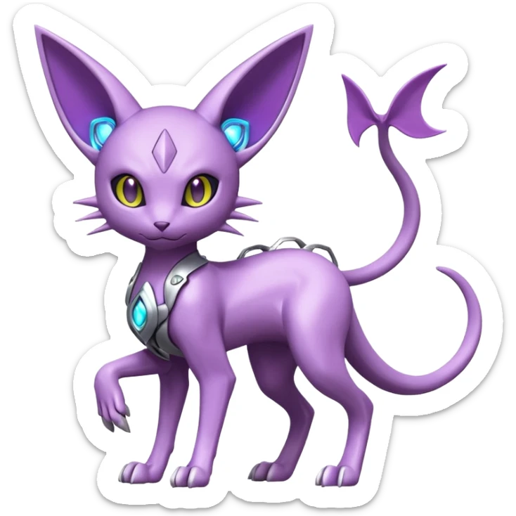 Mechanical Miraidon-Espeon-Mewtwo-Fakémon-hybrid-creature (full body) with glowing eyes  sticker