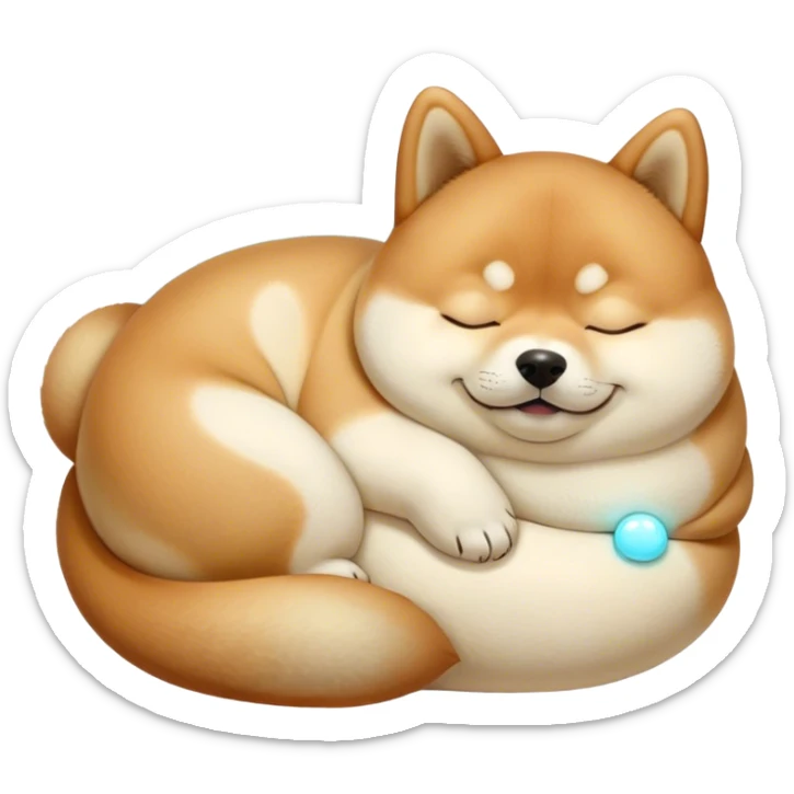 Cinematic Chubby Sleeping Shiba Inu Portrait Emoji, Chubby and serene, with a round, adorable build and a plush red fur with a soft creamy underbelly, eyes gently closed in peaceful slumber, Simplified yet irresistibly endearing features, highly detailed, glowing with a gentle, dreamy glow, high shine, relaxed and content, stylized with a touch of whimsy, bright and heartwarming, soft glowing outline, capturing the essence of a blissfully sleepy companion, so comically serene it feels like it could roll out of the screen and snore with adorable charm! sticker