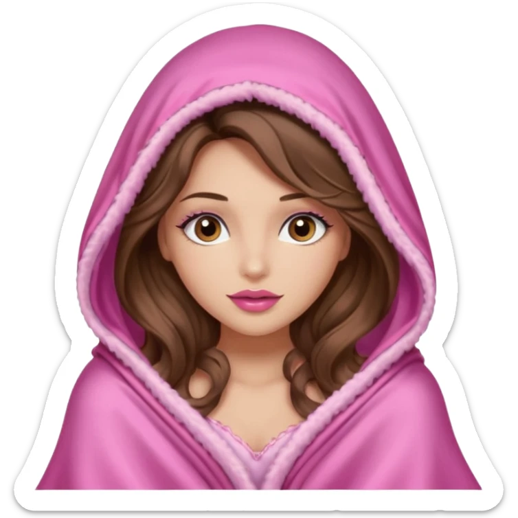 girl with long wavy brown hair, brown eyes, long lashes makeup, sexy pink lips, light to medium complexion, wearing a pink sexy silk top, big blanket over the head cozy  sticker