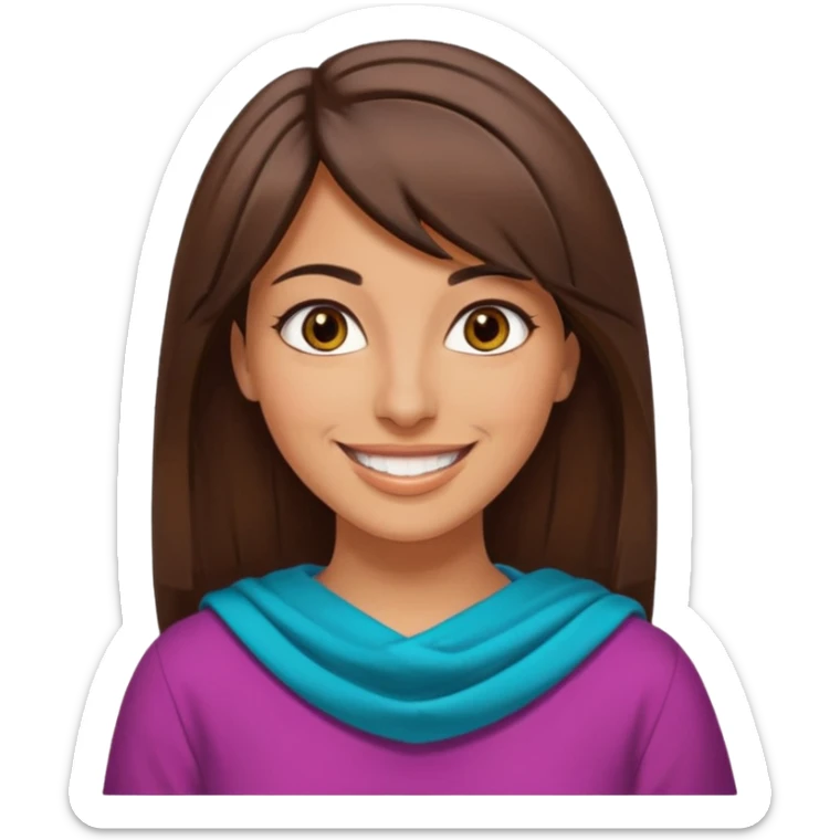 30 yr old middle eastern woman straight brown hair side bangs big smile tanned skin brown eyes colorful clothes sticker