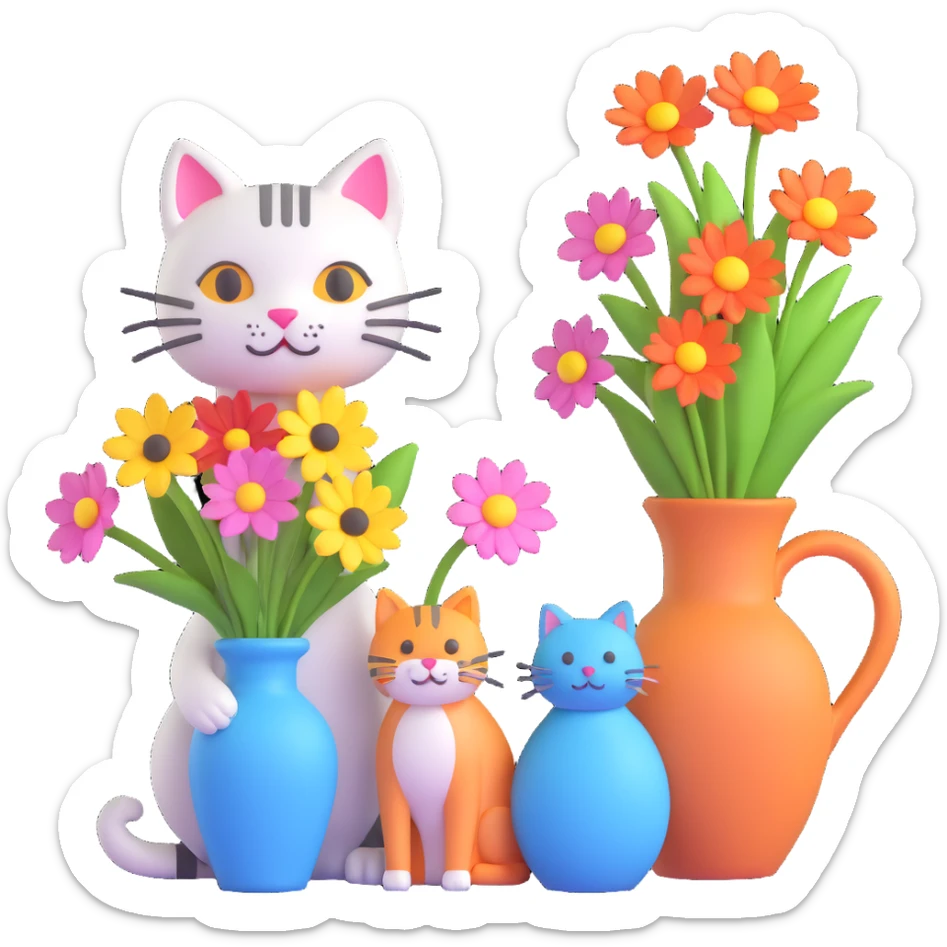 A 3D delightful cat beside a vase of vibrant flowers, with the text "Have a Beautiful Day" in the style of the reference image. The image should exude a sense of calm and beauty. sticker