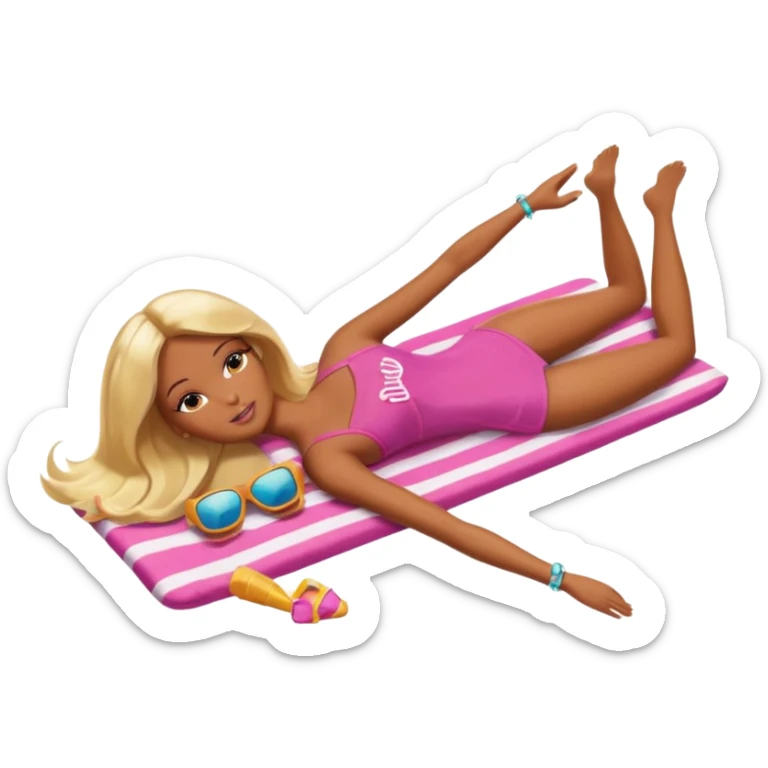 Brown skin blonde hair barbie in laying on beach tanning  sticker