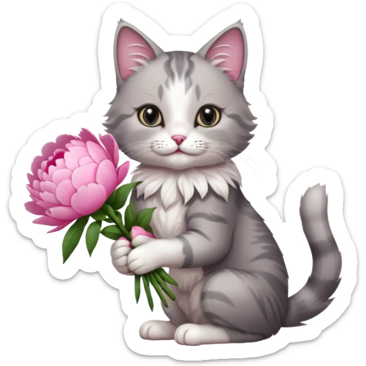 Cute cat Handing pink peonies like reaching a hand and handing them out a bouquet of them not a physical hand the cats hand  make the cat fluffy and grey and white fluffier make the cat wear a pink coquette make her wear a pink coquette make the peonies open and in boquette sticker