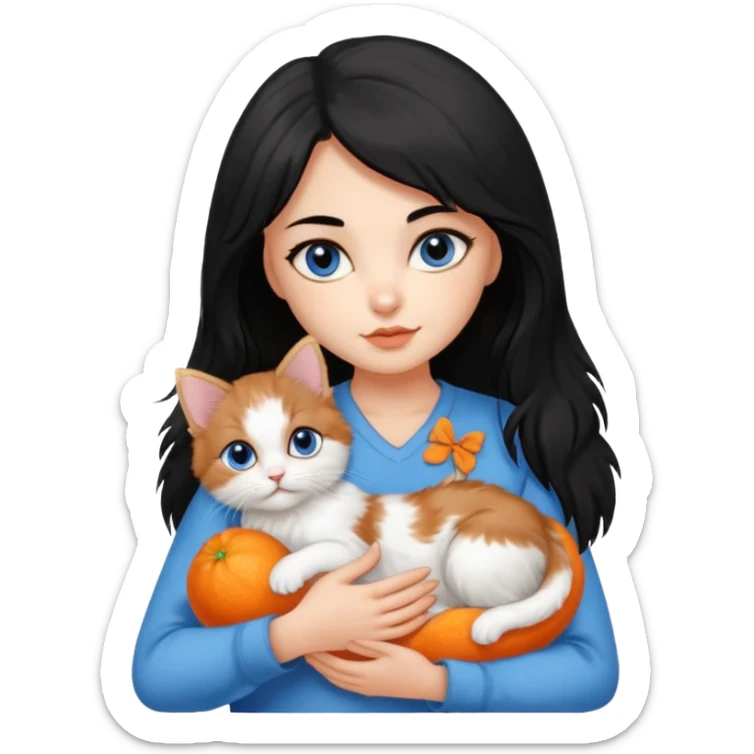 A girl black hair and brown eyes with A 2-month-old Persian-Angora mix kitten with blue eyes and mostly ORANGE fur with white patches sticker