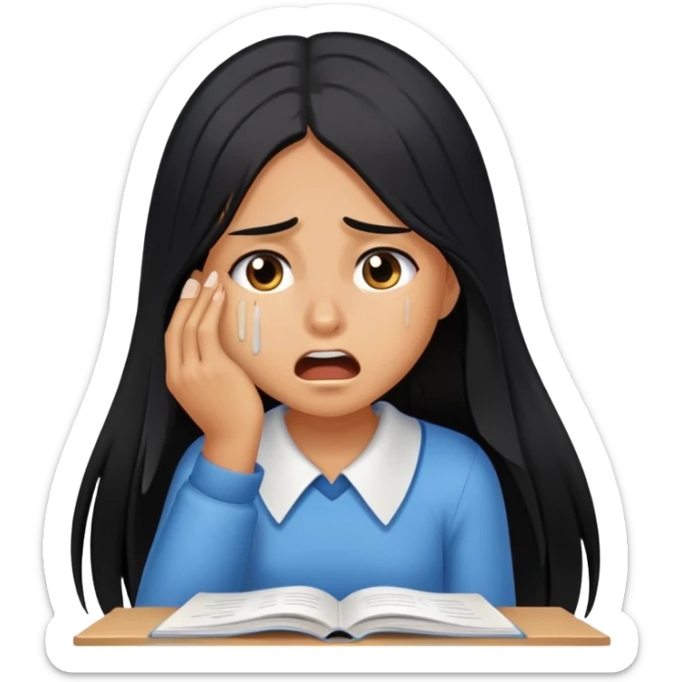 Pretty tanned girl with long black hair, crying out about homework sticker