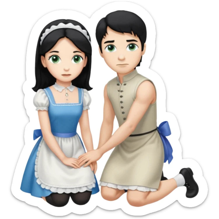 Prince, standing, black hair, blue eyes, garmont, and maid, blonde Hair, green eyes, white short sleveless dress, kneeling  sticker