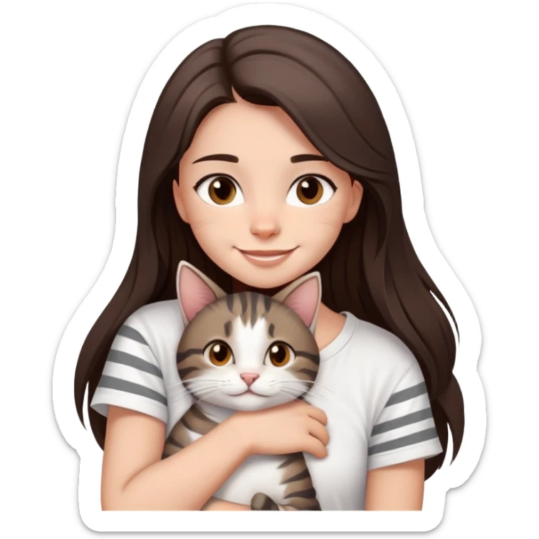 a girl with long dark brown hair, in a
white T-shirt and brown eyes, smile, hugs a tabby
dark grey and white strips one cat sticker