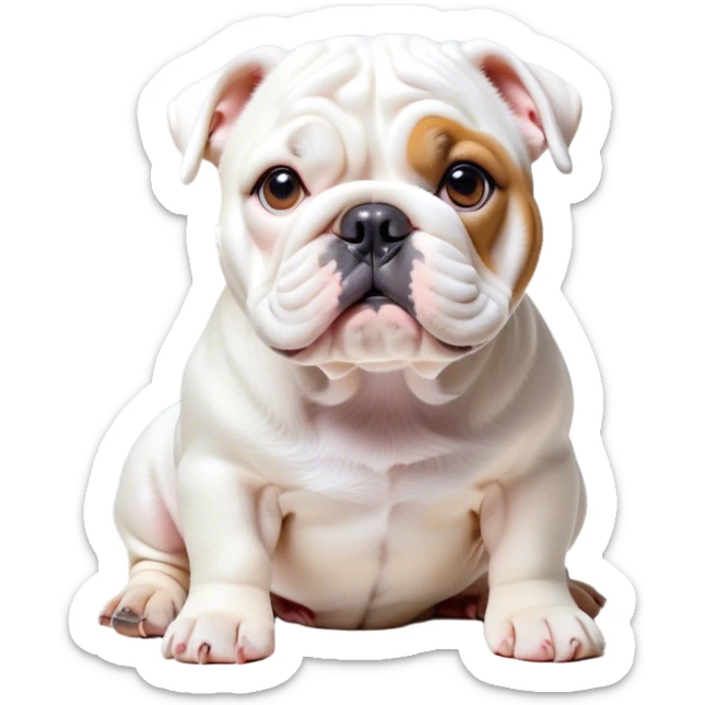 Cinematic Cute White English Bulldog Portrait Emoji, Head tilted playfully and inquisitively, featuring a silky pure white coat with a gentle sheen, round, sparkling brown eyes filled with curiosity, Simplified yet irresistibly adorable features, highly detailed, glowing with a warm, friendly glow, high shine, affectionate and charming, stylized with a touch of whimsy, bright and endearing, soft glowing outline, capturing the essence of a mischievous yet loving companion, so playful it feels like it could bound out of the screen and into your arms! sticker