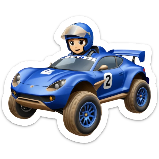 Dirty Joke’s Midnight-blue Local Motors Rally Fighter off road race car being driven by a cayman , sitting in the driver’s seat, over a dirt ramp  sticker