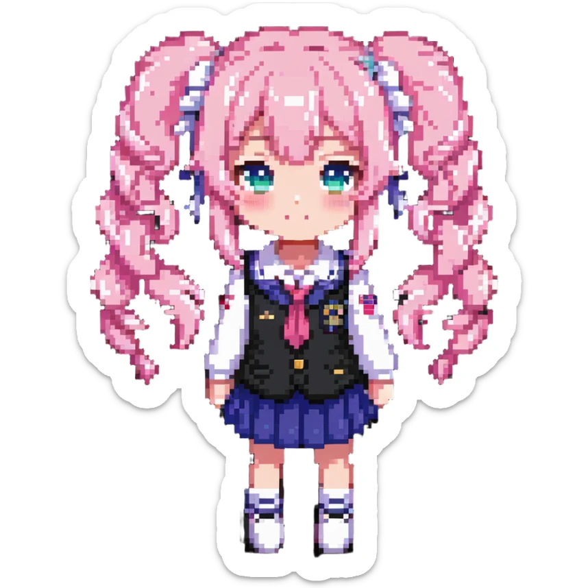 Pixel art anime girl with pink twin tails and school uniform, cute chibi style sticker