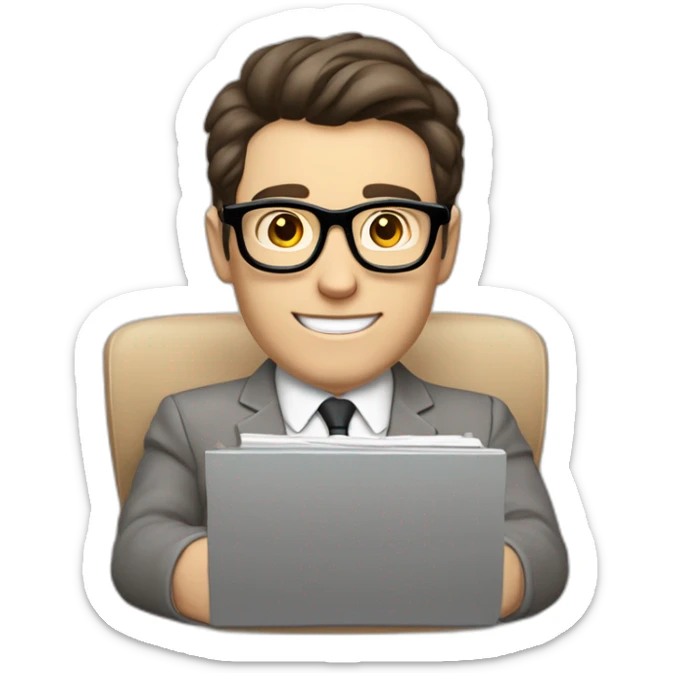 Pale skinned Fit Man With dark brown hair in gray jacket, beige office shirt and vintage glasses sitting In a soft chair with a notebook with emblem Ψ and a pen in his hands sticker