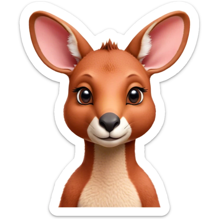 Cinematic Cute Adult Red Kangaroo Portrait Emoji, Head tilted playfully and inquisitively, showcasing a charming, robust build with soft reddish fur and a uniquely red kangaroo-like head featuring a gentle, elongated snout and rounded ears, with large, sparkling eyes full of wonder, Simplified yet irresistibly adorable features, highly detailed, glowing with a warm, friendly glow, high shine, affectionate and lively, stylized with a touch of outback whimsy, soft glowing outline, capturing the essence of a mischievous yet loving kangaroo that seems as if it could hop out of the screen into your arms! sticker