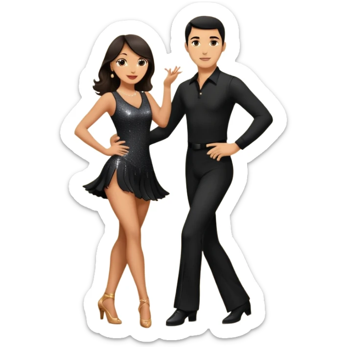 Photorealistic dancesport professional latin couple dancing the cha cha cha at the competition dancefloor, the women is in skinny short sparkly dress, the man is in black shirt and black classic pants, the women has brown long hair, the man has short black hair  sticker