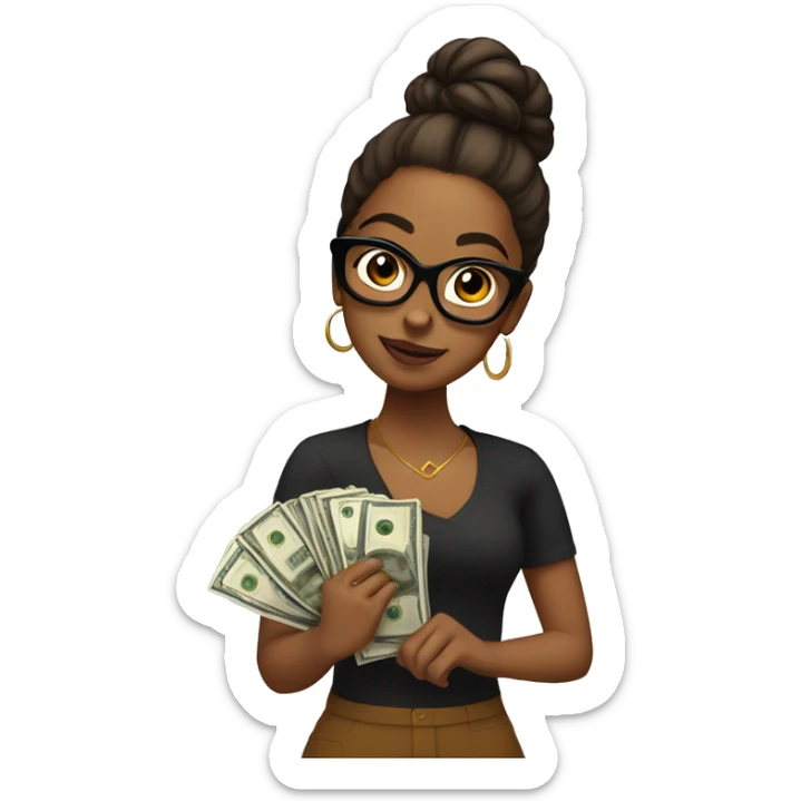 Sassy Brown girl holding money with glasses on and her hair in a bun sticker
