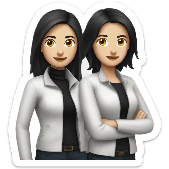 two caucassian woman with black jackets. One has black hair the other one has brown hair and is slightly shorter then the woman with black hair sticker