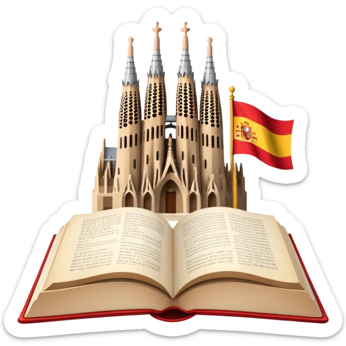 An icon featuring the Sagrada Familia and the flag of Spain, symbolizing the Spanish language. The design includes an open book with Spanish text and flamenco dancers, representing language learning and cultural heritage. Transparent background sticker
