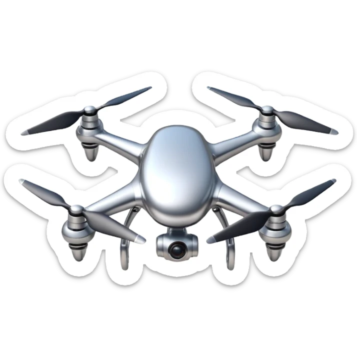 A futuristic drone emoji made of polished silver chrome, smooth rounded body, minimal propellers, reflective metallic surface, soft studio lighting, iOS emoji style, centered, clean white background sticker