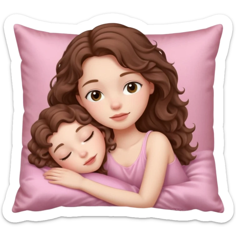 Sleeping beauty pale-skinned girl with brown wavy hair, resting peacefully on a soft pink silk pillow on her side, wearing pastel pink sticker