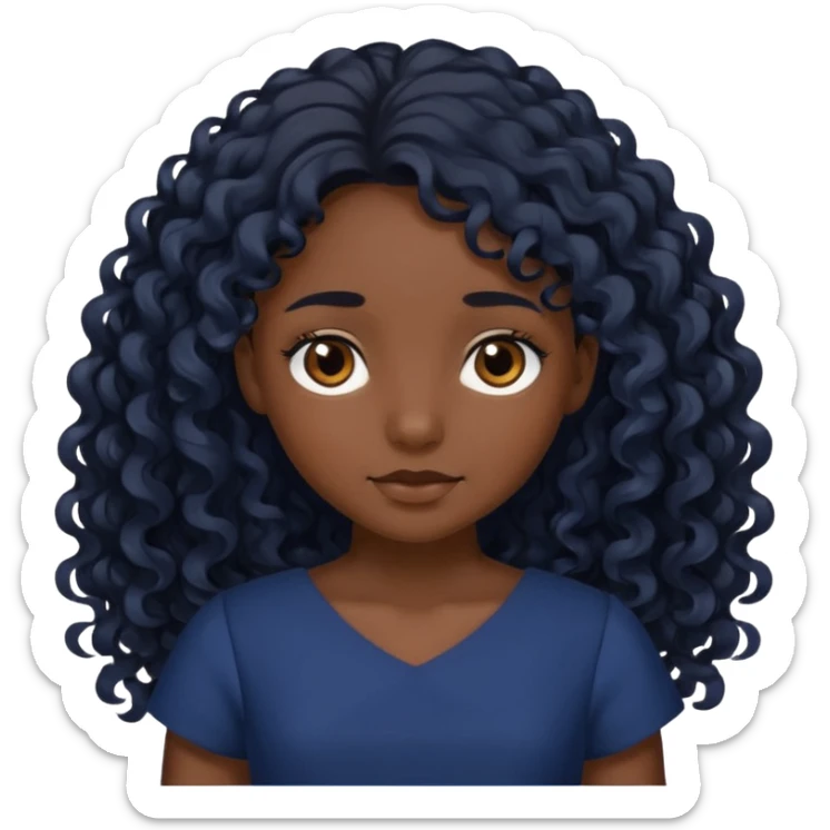 A girl with dark brown eyes Long curly black hair, slightly lighter than brownish black Navy blue dress sticker