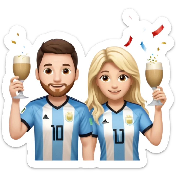 Messi in Argentina jersey and Shakira in a stage outfit, toasting with yerba mate, both smiling, cute and fun emoji style, with confetti background sticker