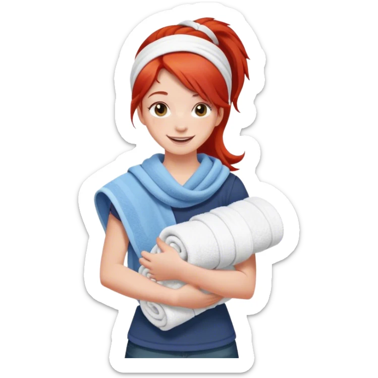 cheerful teenager with red hair carrying a stack of towels in her arms sticker