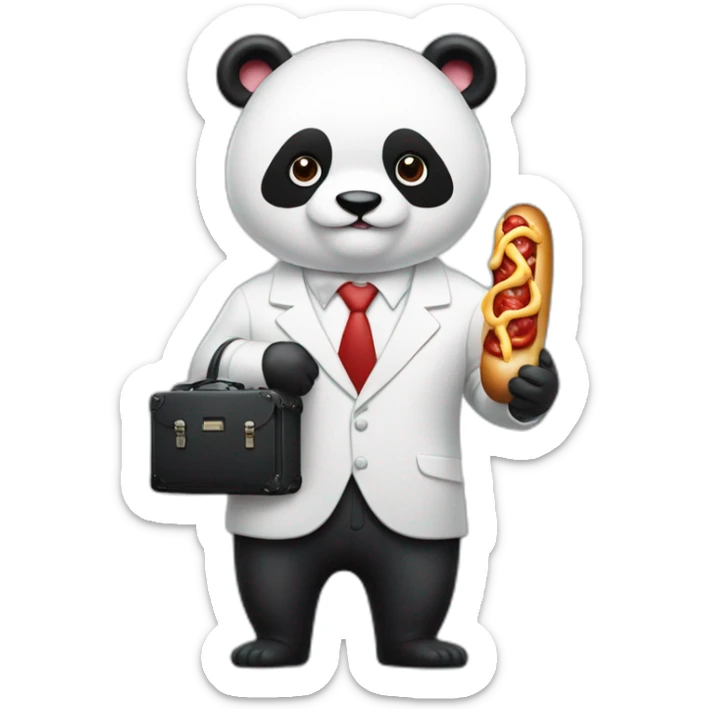 A professor with white suit and red tie and a panda face eating a hotdog and holding a black suitcase sticker