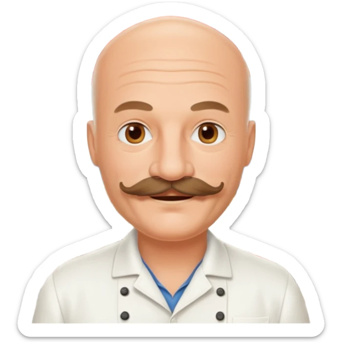 Est-ce que tu peux me faire un chef cuistot qui ressemble à Philippe Etchebest et qui est devant un restaurant? Est-ce que tu peux le faire souriant, avec une moustache de cuistot? 
 sticker