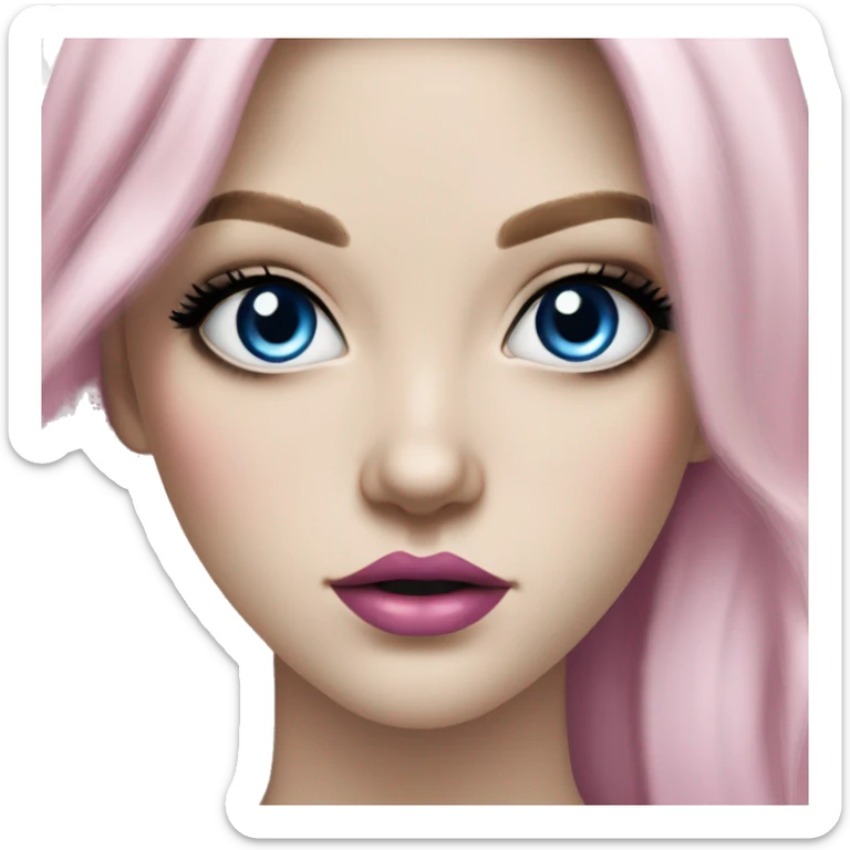 Hyperrealistic pale white girl with blue eyes and long black hair with pink fringe. Wearing gold chain necklace, white diamond stud earrings and has dark eye makeup on her eyes sticker