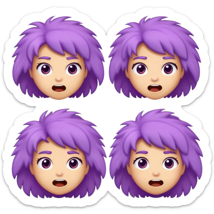 I want a fluffy purple character that is a girl who can be in different moods like happy, surprised, excited, angry, and tired sticker