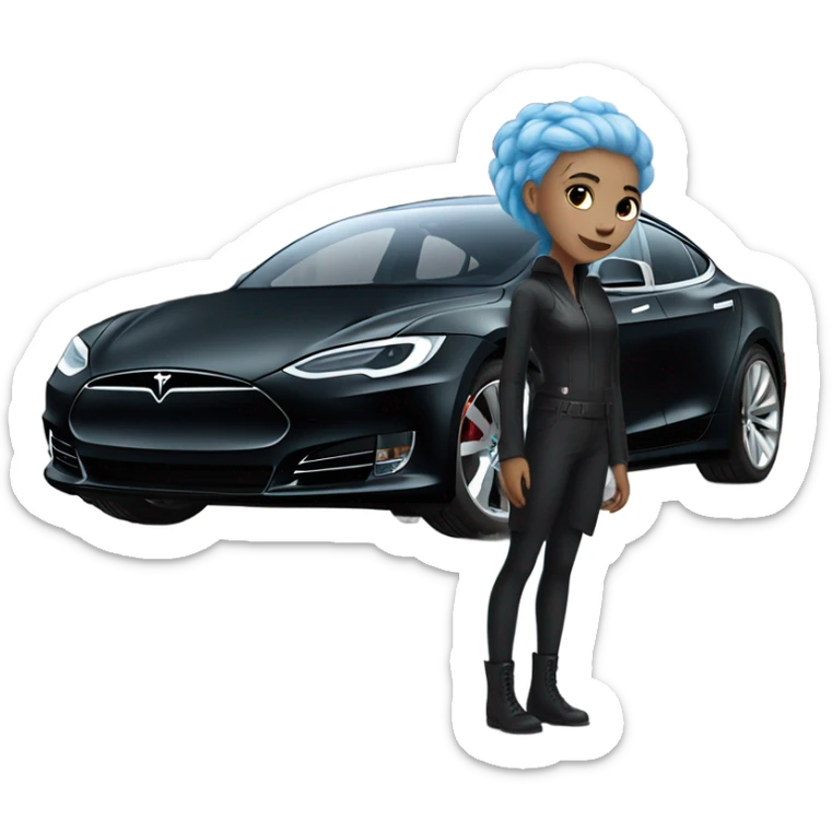white skin girl with blue hair in black clothes standing next to tesla car sticker