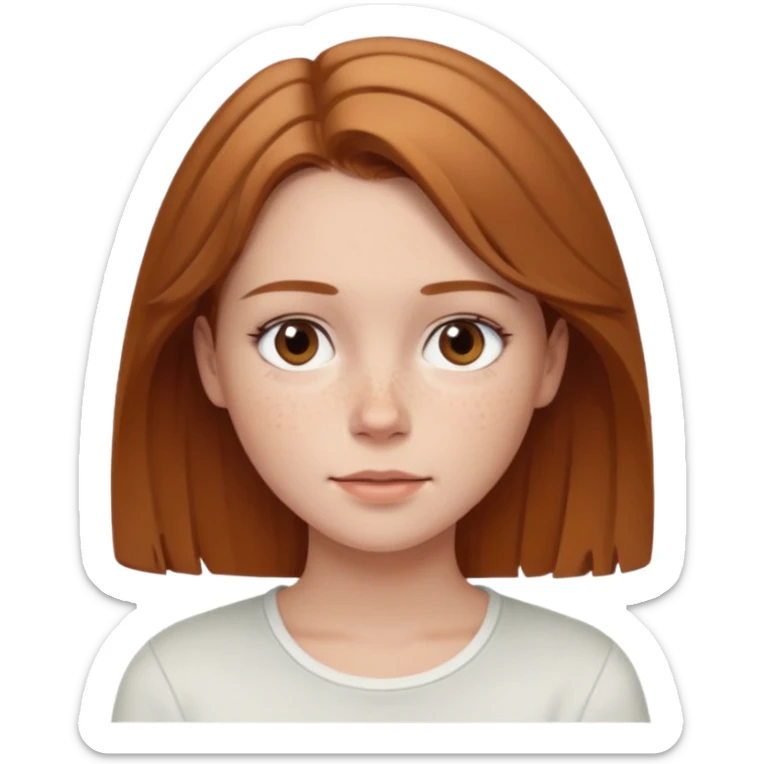 emoji of a woman named Freya McOmish, friendly expression, light brown hair, subtle freckles, modern casual style, wearing a white top sticker