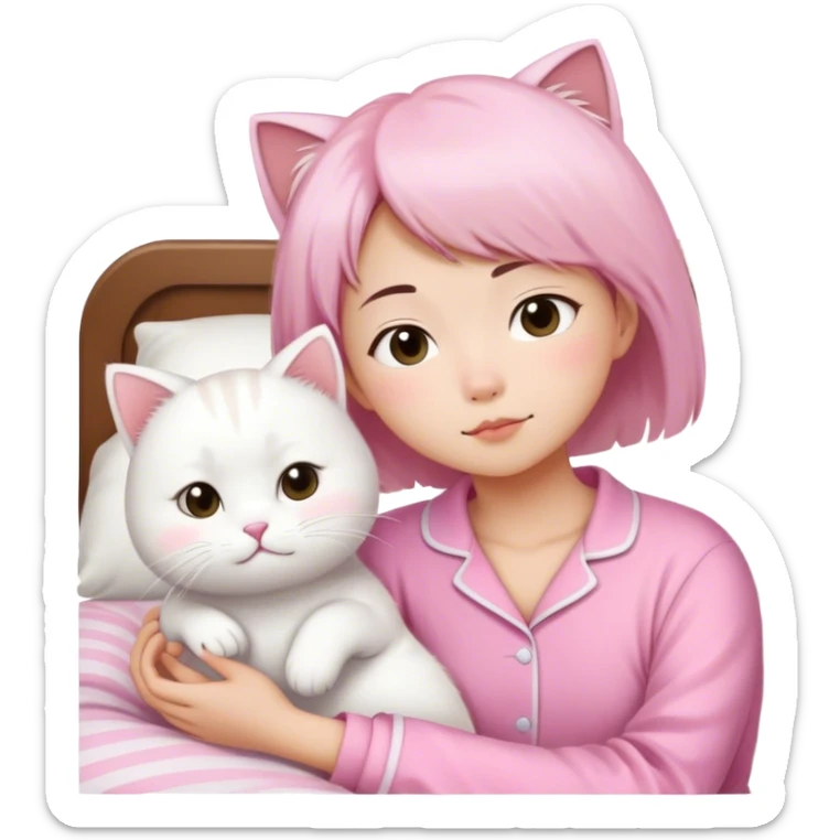 Short hair Asian girl wear in pink wake up with white cat  sticker