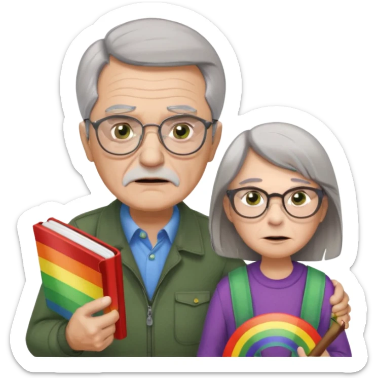 make old old man like 80 with gray hair and fur has HUGE EYE brows and glasses and is always mad and gay holding the rainbow flag and walking a young girl about 1 with brown hair and green eyes with a moth book with the other hand sticker