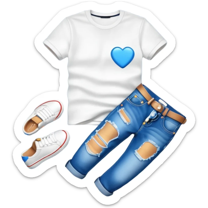 A 3D cartoon casual T-shirt and jeans outfit arranged on flat surface, bright lighting, Memoji-style realism. sticker