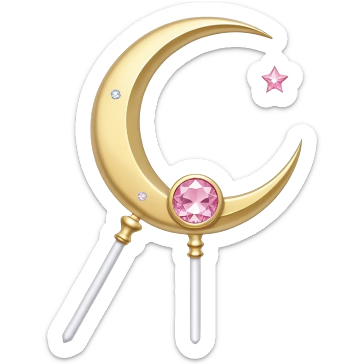 Sailor Moon's Crescent Moon Stick, a pink wand with a gold crescent moon on top and a circular silver gem in the center sticker