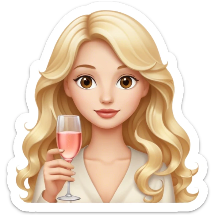 Blonde model with brown eyes, long wavy hair, wine tasting rosé champagne sticker