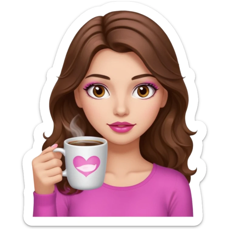 girl with long wavy brown hair, brown eyes, long lashes makeup, sexy pink lips, light to medium complexion, pink sexy top, with a hot coffee mug sticker