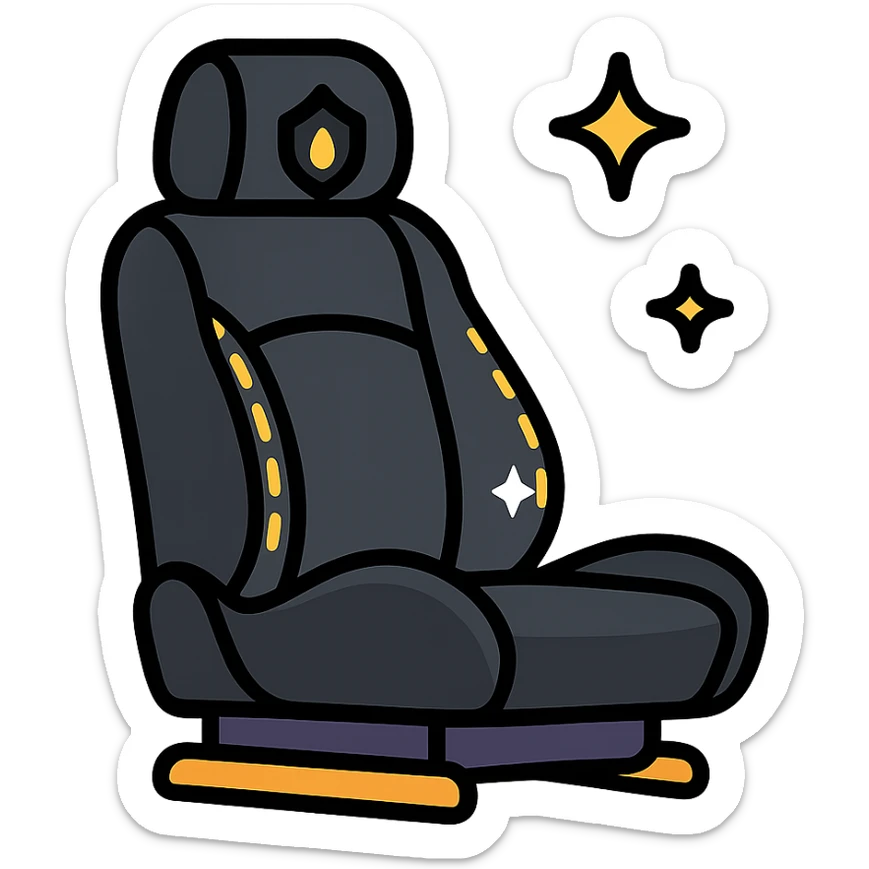luxury car seat icon in matte black with a small droplet or shield on the headrest, elegant stitching, minimalist lines, extra shine and sparkling effects, modern and clean style, no text sticker